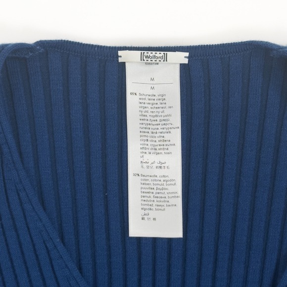 Wolford Blue Virgin Wool-Cotton Ribbed V-Neck Dress • Elegant Bodycon Knit -‎ M - Picture 5 of 6